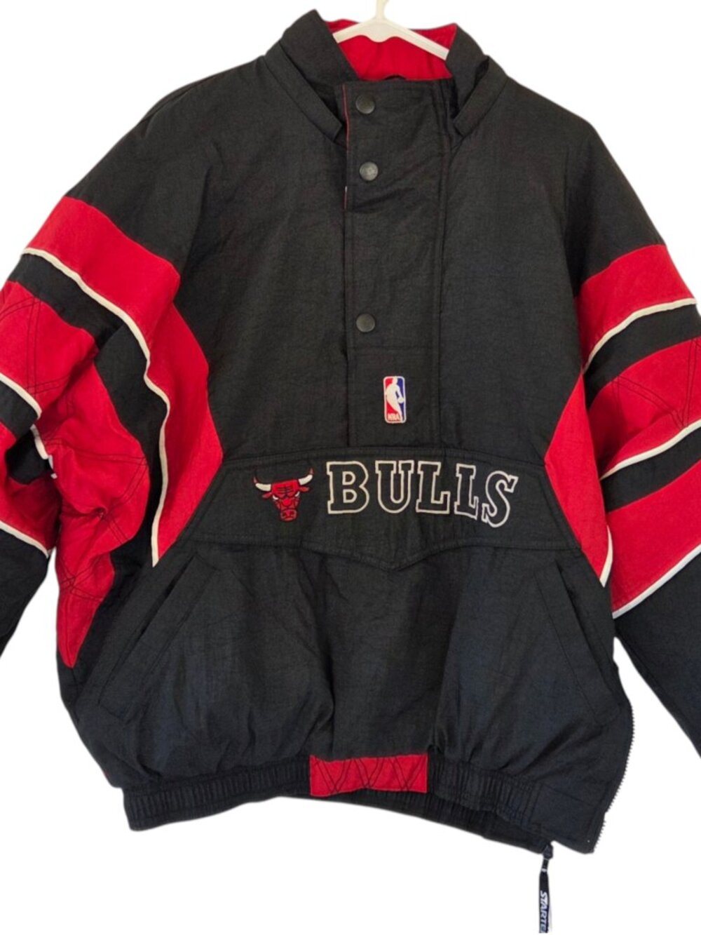 Vintage 90's STARTER Jacket Chicago Bulls Men's Large Pullover 1/4 Zip Snap Logo